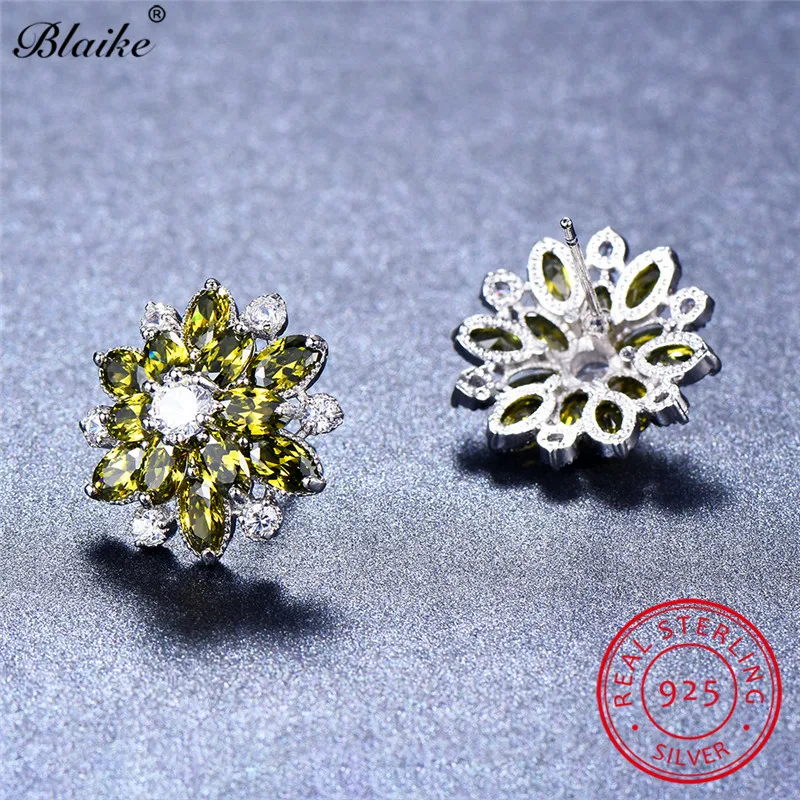 Blaike 100% Real S925 Хризолит в стерлинговом серебре серьги гвоздики с камнем снежинкой