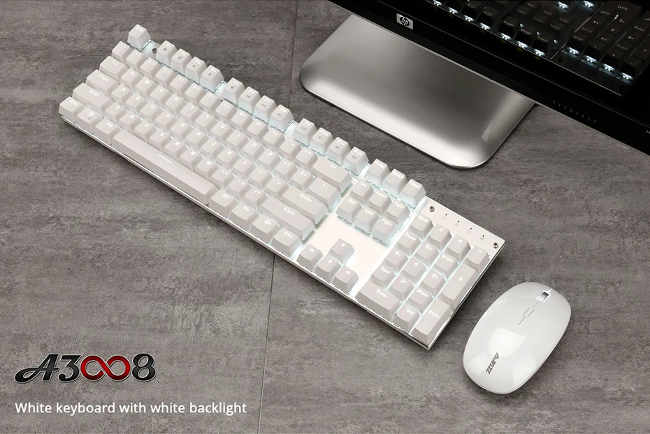 Ajazz A3008 2,4G, беспроводная механическая клавиатура, мышь, комбо, игровая клавиатура, мышь, набор, белая подсветка, синие переключатели, 1600 dpi Мышь