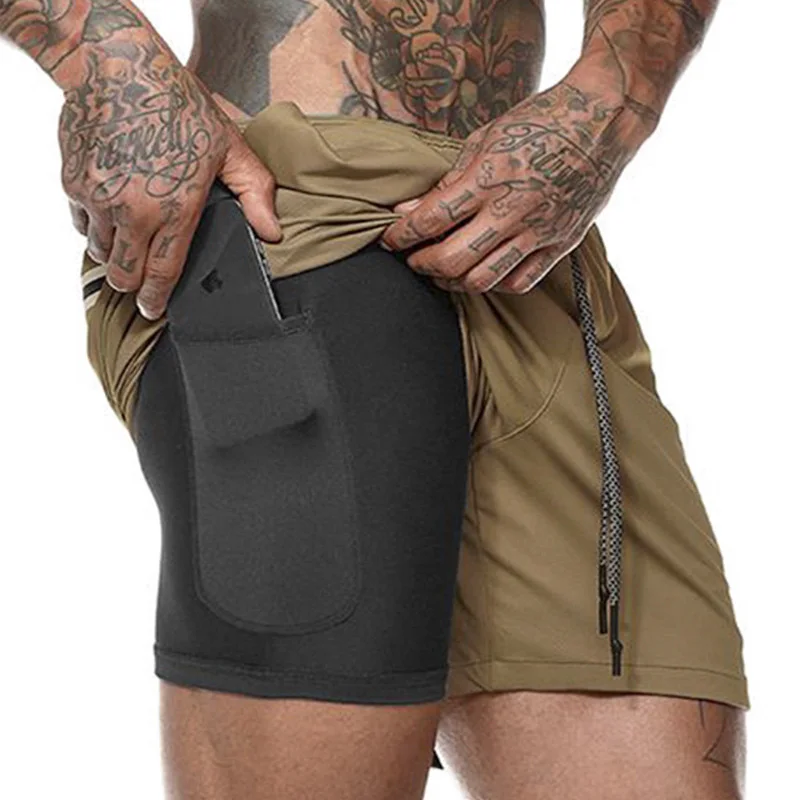 Khaki Мужские шорты 2 в 1 для бега, мужские спортивные шорты, камуфляжные шорты для фитнеса, тренировок, спортзала, спортивные шорты для бега, тренировки, короткие штаны - Цвет: Khaki