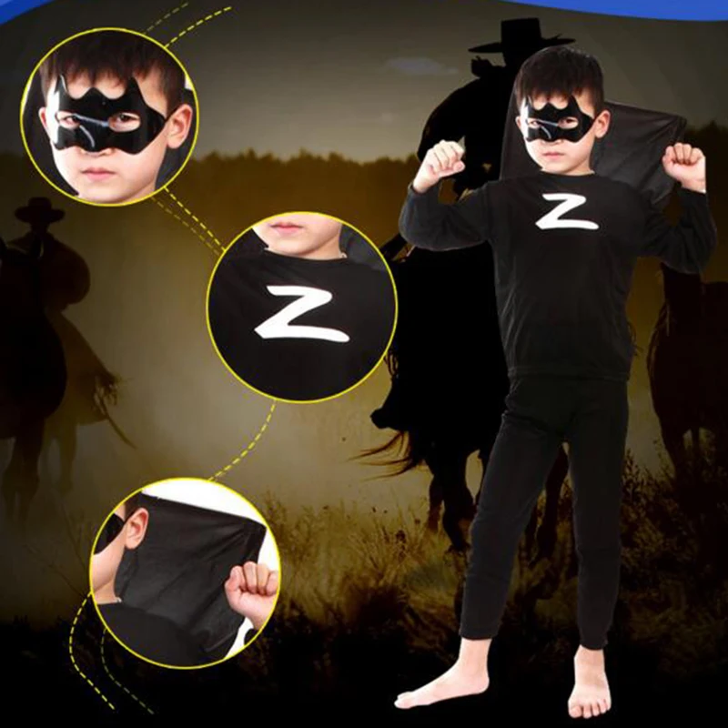 New Hot Boy Black Zorro Cosplay Customes For Children Kids Superhero Capes Anime Carnival Costume Halloween Accessory | Тематическая