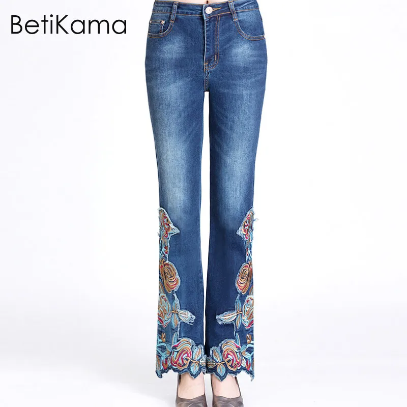 BetiKama 2018 женские расклешенные джинсы Вышитый цветочный узор Pantalon стрейч
