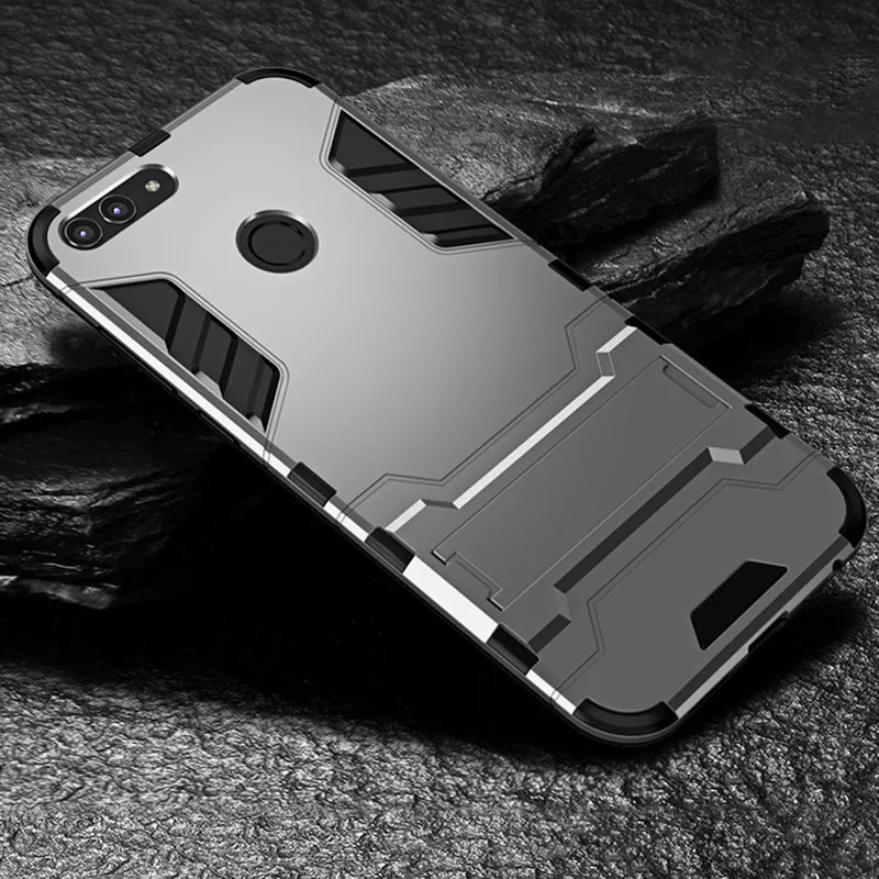 Серый Чехол для huawei P Smart, противоударный чехол из ТПУ+ поликарбоната, жесткий пластик с подставкой, двойная гибридная задняя крышка для huawei P Smart, чехол - Цвет: Серый