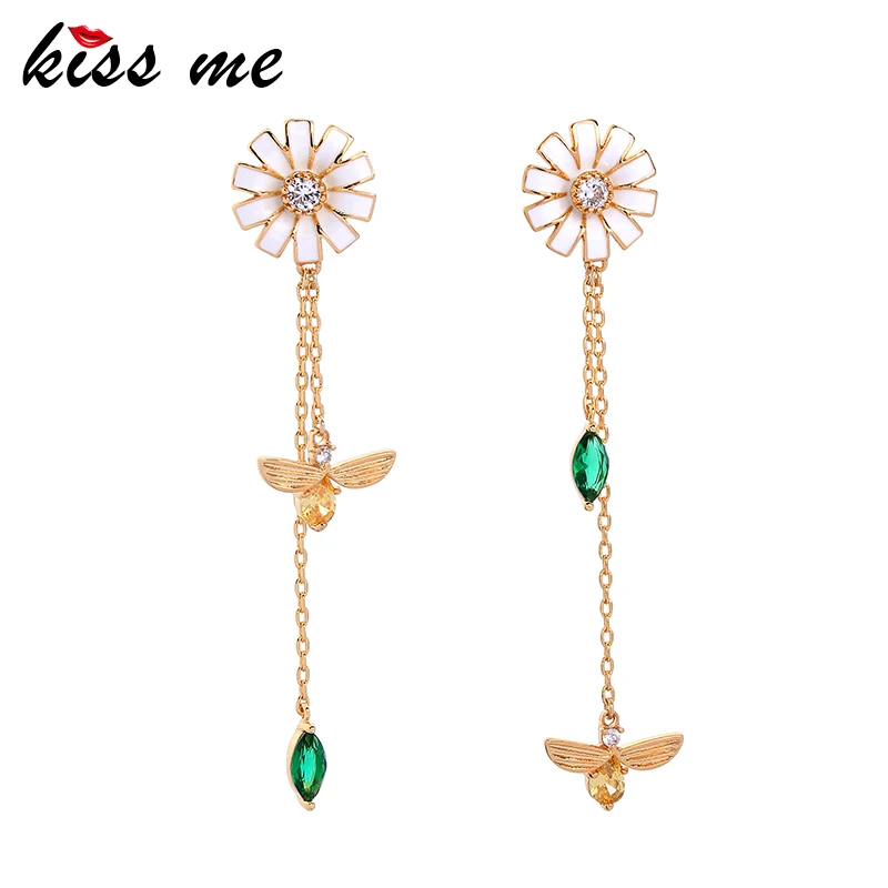 Длинные эмалевые серьги-подвески в виде цветка с кристаллами | Украшения и