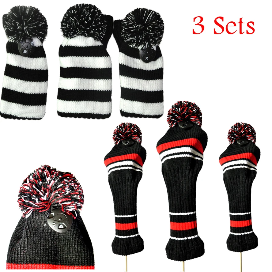

3pcs Golf Club Knitted Headcover Head Covers Red and White Stripes Head Cover Sock (Black and Red)