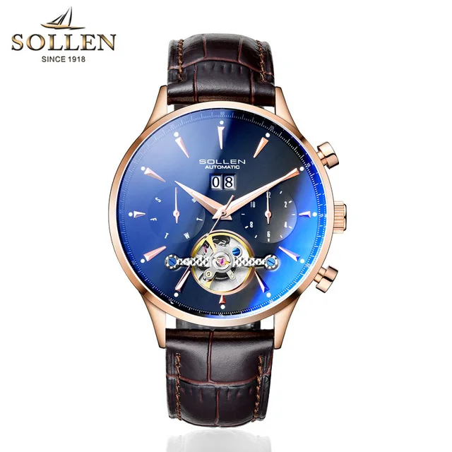 Black Rose gold SOLLEN синий океан геометрический дизайн Турбийон Скелет циферблат Мужские часы лучший бренд класса люкс автоматические Модные механические часы - Цвет: Black Rose gold