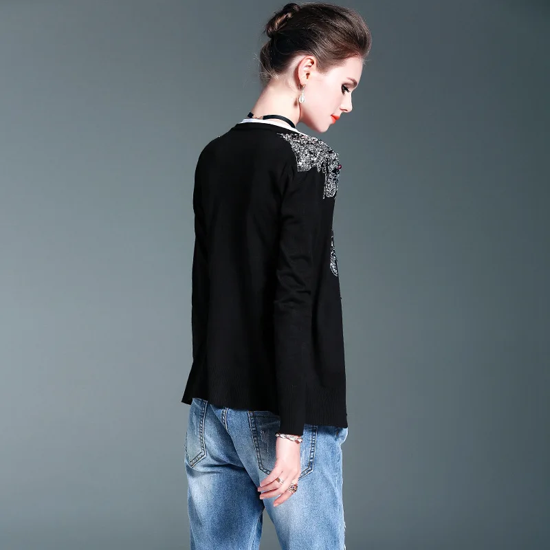 Women Cardigans Open Stitch Knit Black O-neck Christmas Sweater Loose tricot Beading Cardigan Jacket Coat female S-XL |