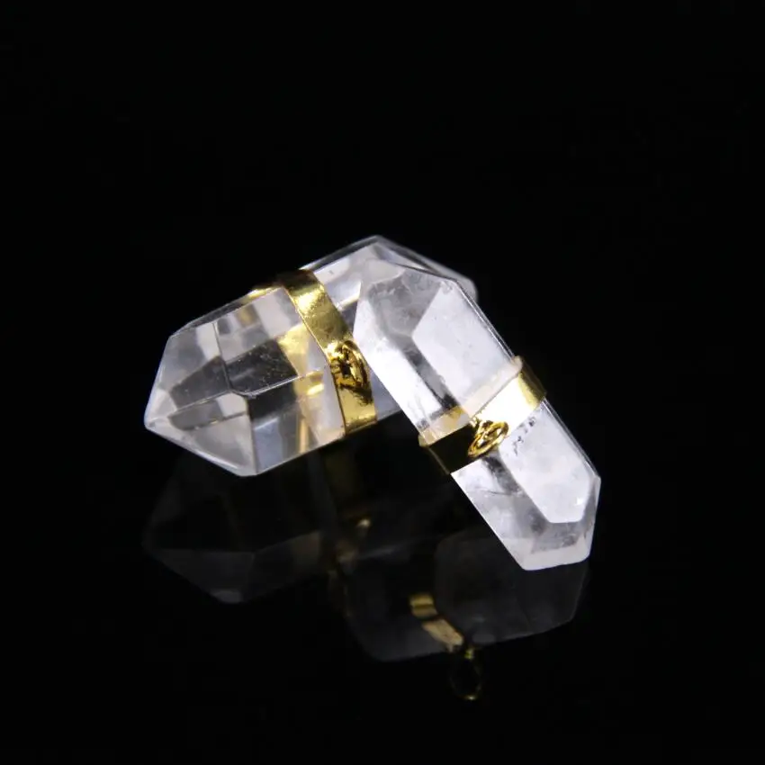 5pcs/lot Natural Clear Crystal Quartz Faceted Double Point Pendants Gold Plateds Stone Gems Hexagon Points Connectors | Украшения и
