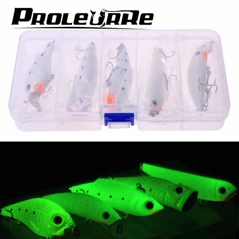 

Proleurre 5 шт./лот набор приманок для ночной рыбалки VIB Popper Crankbait Minnow Pencil светящаяся искусственная приманка с коробкой для приманки