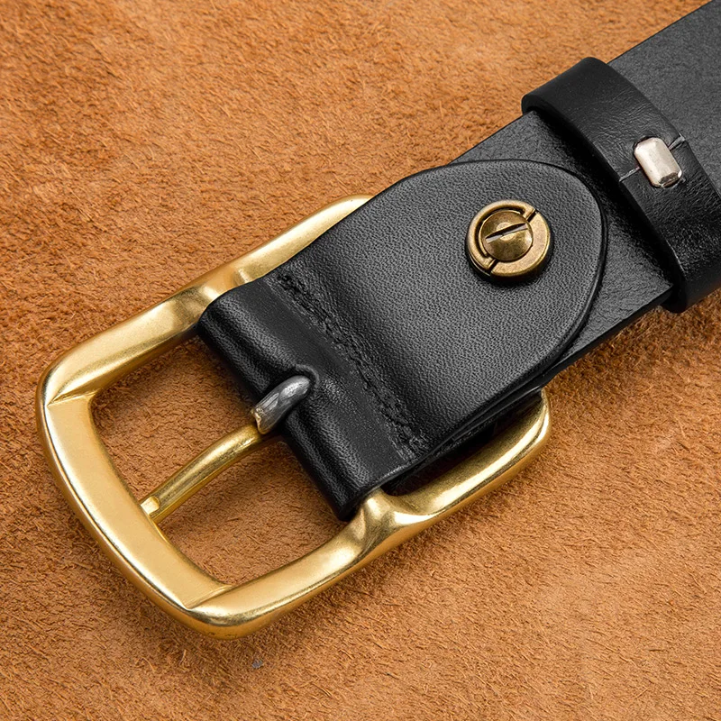 Мужской ремень из воловьей кожи BISON DENIM черный натуральной с медной пряжкой 2019 |