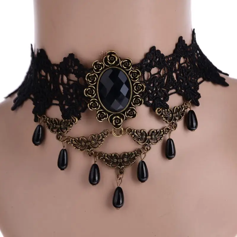 

Vintage Gothic Jewelry Black Lace Necklaces Women Ladies Wedding Victorian Gothic Lace Tassel Collar Statement Pendant Necklaces