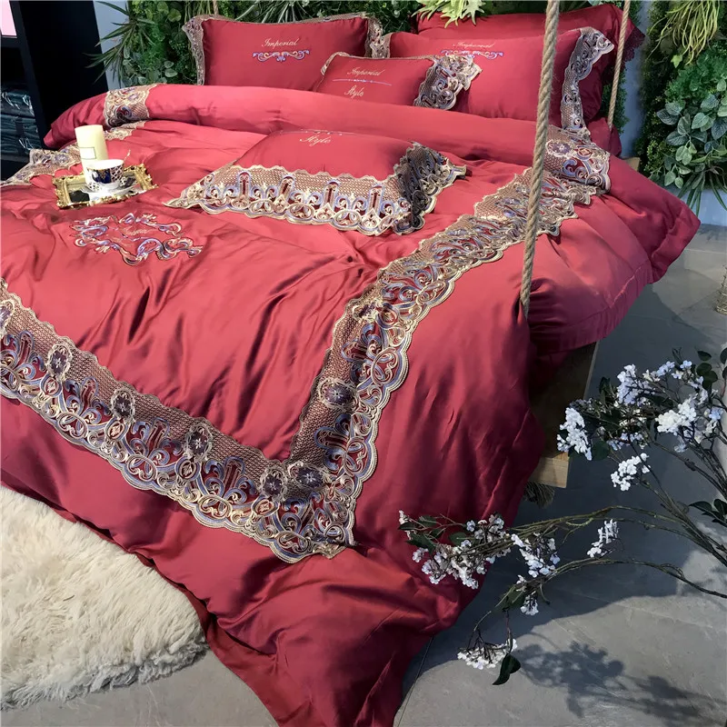 Красное вино Роскошная вышивка 100S Tencel Шелковый Свадебный Комплект постельного