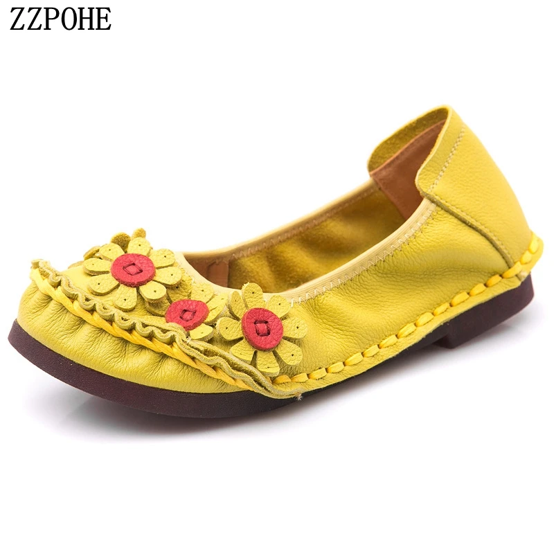 

Женские туфли на плоской подошве ZZPOHE, из натуральной кожи, без застежки, с цветами, в национальном стиле, ручная работа, мягкая обувь на осень