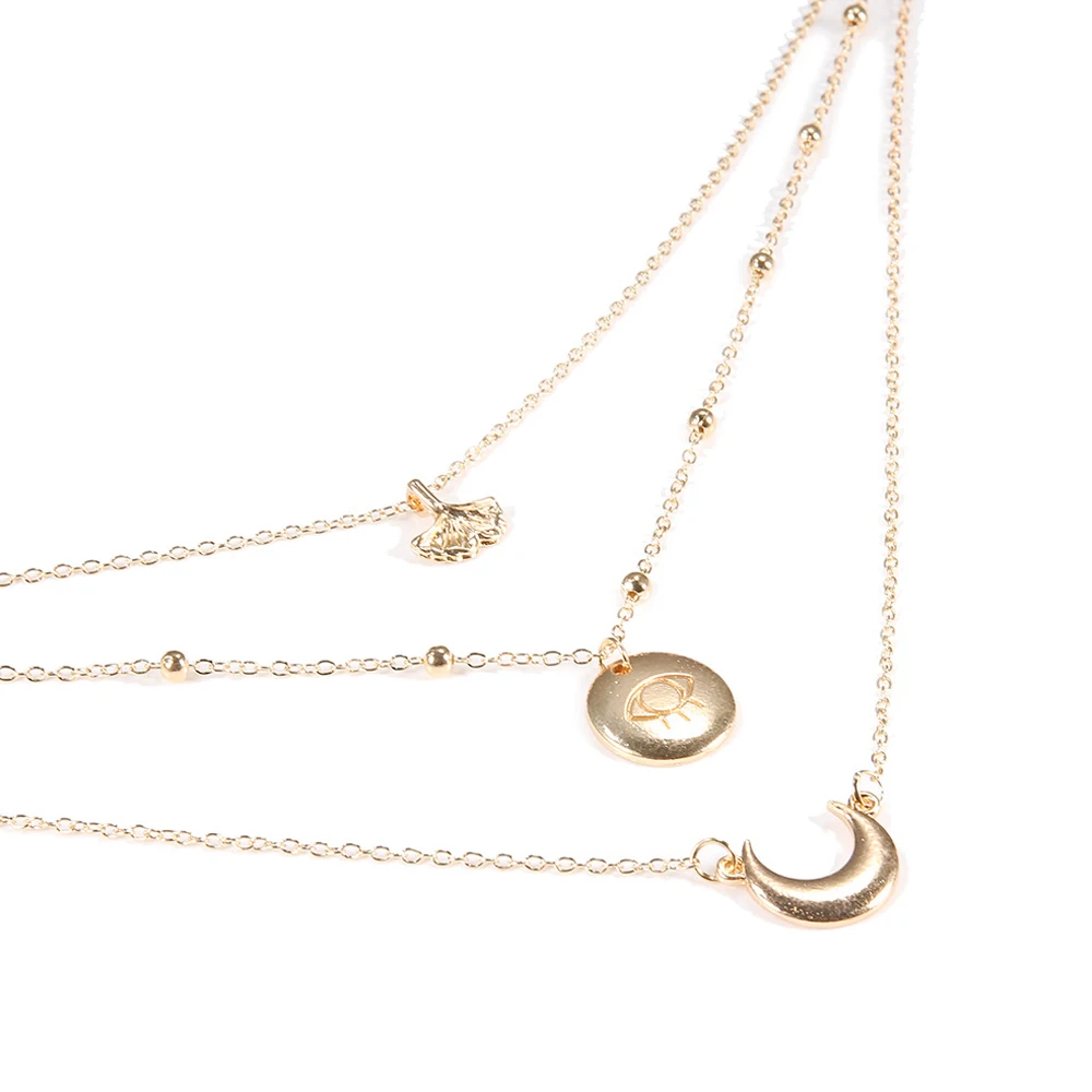 3 Pcs/Set Bohemian Retro Moon Disc Leaves Eyes Beaded Gold Multi-layer Necklace Set Party Wedding Jewelry Valentine Gift | Украшения и