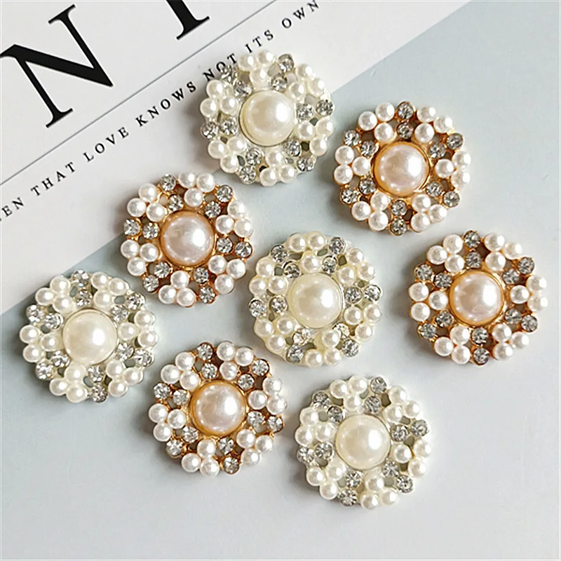 

5 pcs/lot 22mm*22mm Flower Alloy Pearls Rhinestone Buttons for Clothing Coat Diy Handmade Hair Bow Necklace Jewelry Accessories