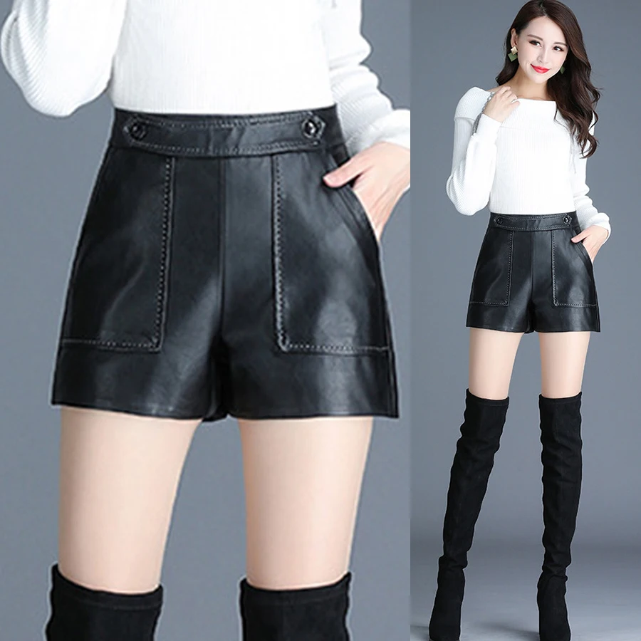 

Korea Winter Fall Fashion Woman Lady Wide Leg High Wasit Pockets Black Pu Leather Shorts , Female Women's Casual Slim 4xl Shorts