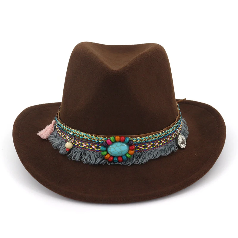 QBHAT 2020 Handmade Wide Brim Cowboy Fedora Wool Felt Jazz Hat Cap Ethnic Ribbon Decor Men Women Carnival Hats for Unisex | Аксессуары