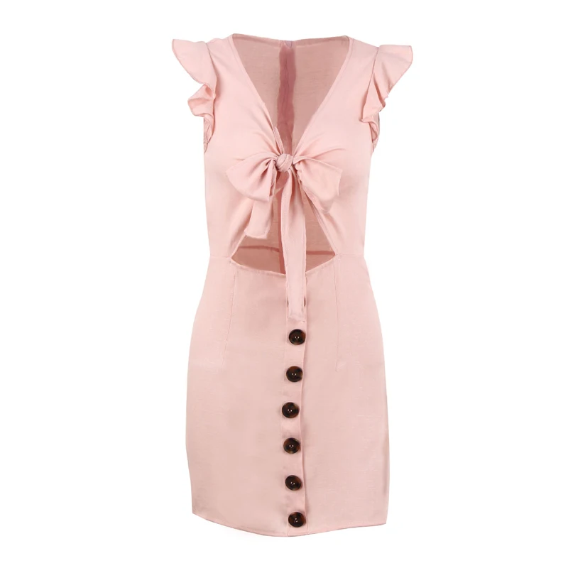 

2018 Summer Sexy Deep V-Neck Midriff-Baring Dress Sleevless Button Lace Up High Waist Solid Hollow Out Pencil Party Club Dress