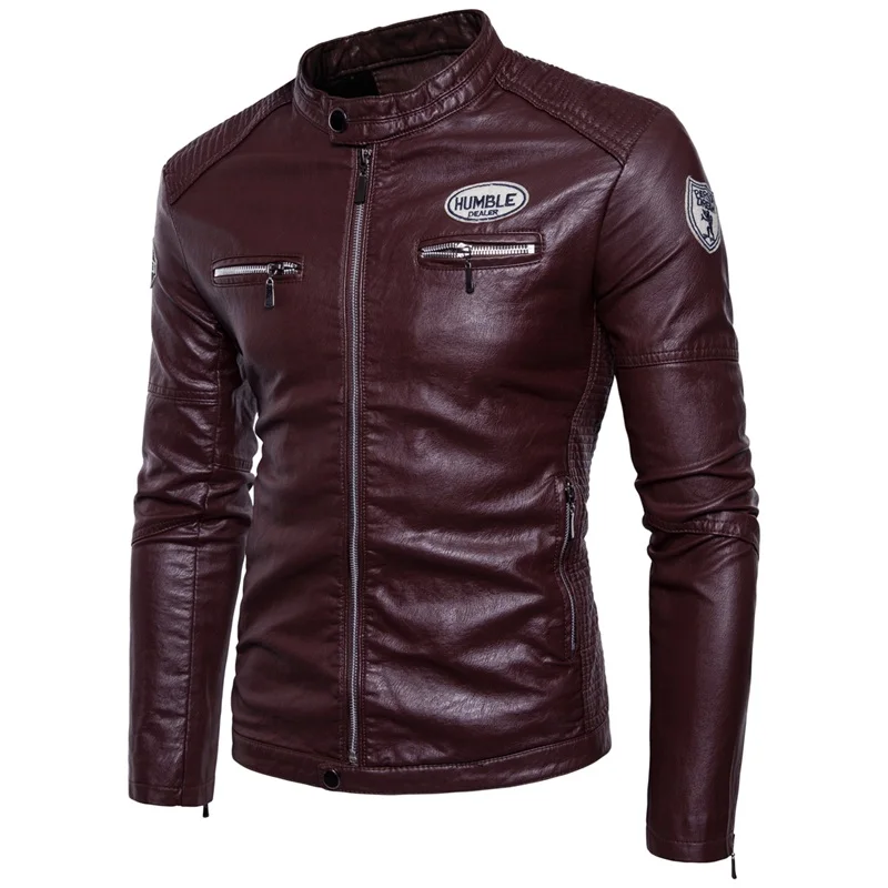 2018 Autumn and Winter Fashion New Men's Casual Stand Collar Leather Jacket / Zipper Plus Velvet Thick Warm Coat | Мужская одежда