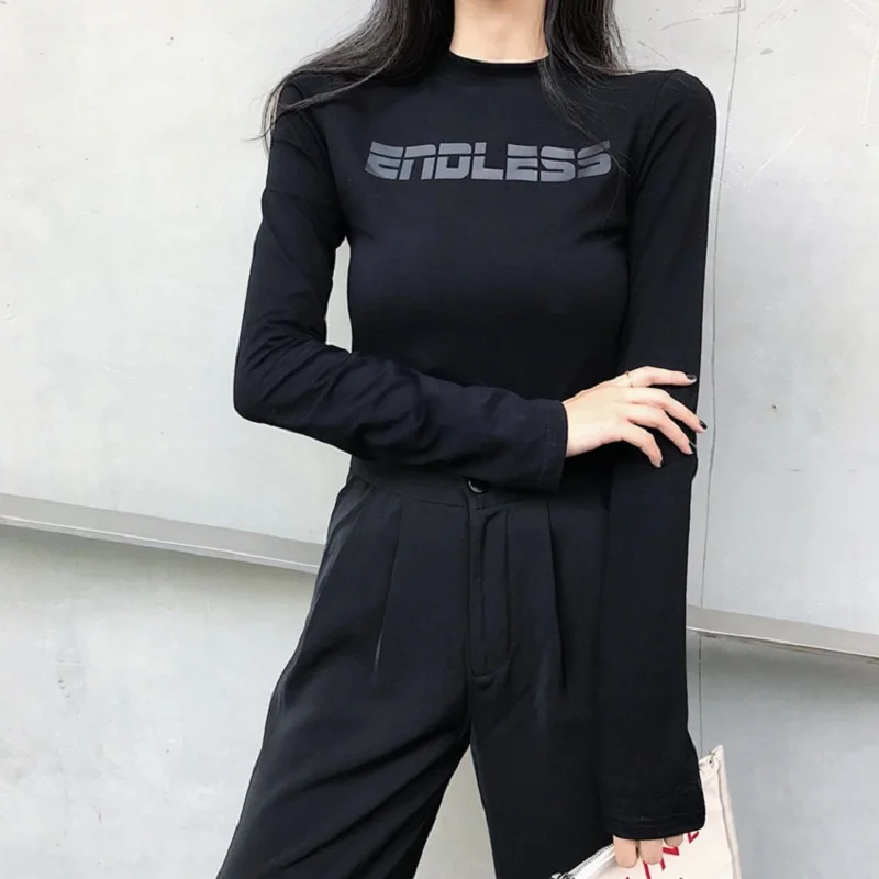 Autumn and winter new letter printing black Slim thin long sleeve bottoming T-shirt women | Женская одежда
