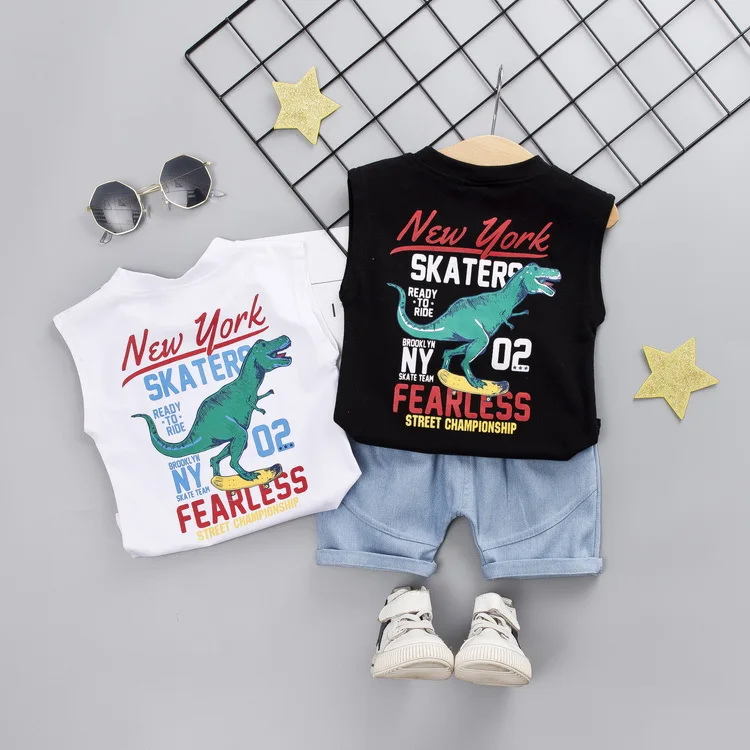 Небесно-голубой Toddler Boy Clothes Children's Summer New Cartoon Pullover Vest Shorts Two-piece Boy's Children's Sleeveless Vest Suit - Цвет: Небесно-голубой
