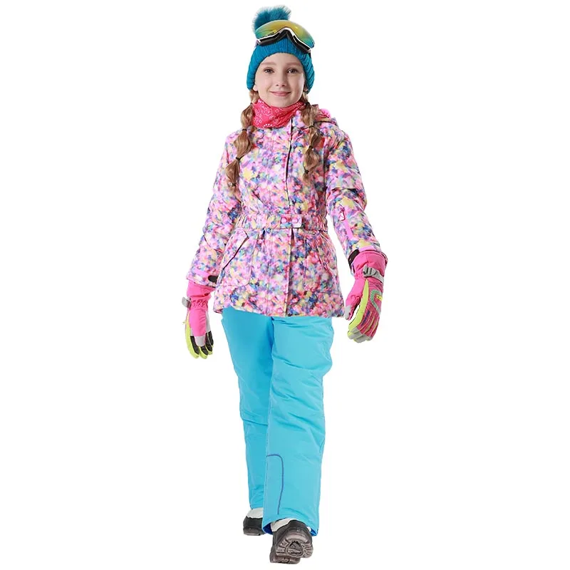 2019 Winter Skiing Suits for Girls Fleece Hooded Children Clothing Sets Outdoor Windproof Kids Snow Outfits Floral Clothes | Спорт и