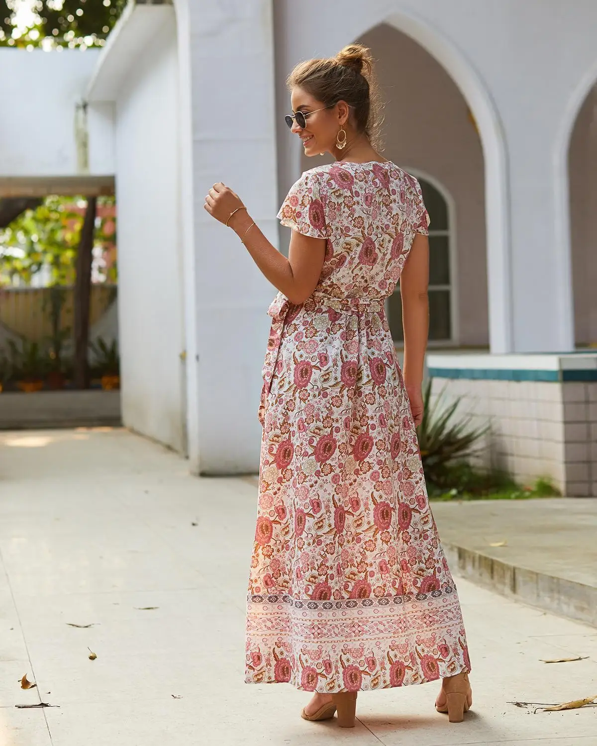 

Boho Women Summer Dress 2020 Sexy Printed Bow Beach Dress V-Neck Ankle-length Asymmetrical Holiday Party Female Dress Vestidos