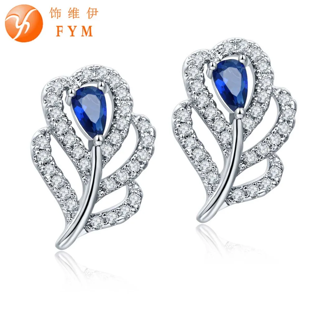 

FYM New Fashion Elegant Bling Feather Pattern Stud Earrings for Women Crystal AAA CZ Ear Earrings for Woman Wholesale ER0200