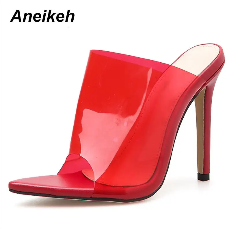 red Aneikeh/; прозрачные босоножки из ПВХ; женские шлепанцы на высоком тонком каблуке с открытым носком; прозрачные Босоножки на каблуке; шлепанцы; фиолетовые туфли-лодочки - Цвет: red