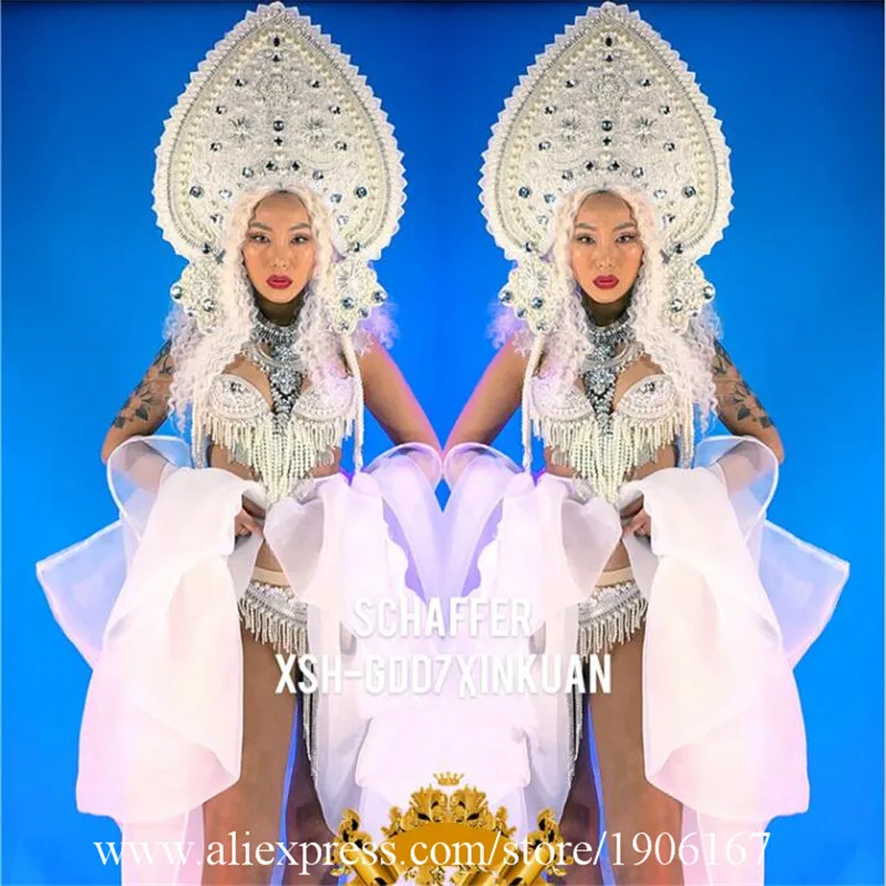 Women White Christmas Dress With Pearl Headwear Court Sexy Lady Bikini Suit Valentine's Day Performance Ballroom Costume |