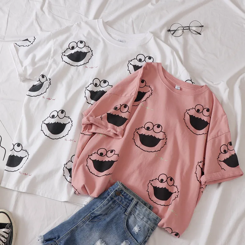 Корейская kawaii Розовая белая футболка женская с коротким рукавом и круглым