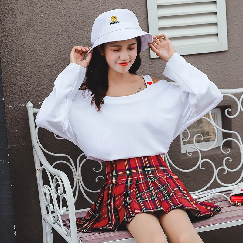 Harajuku Kawaii Высокая талия красная клетчатая мини-юбка женская летняя корейская мода
