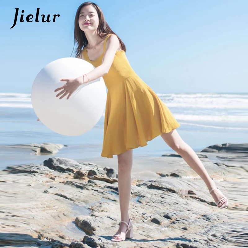 Jielur новый летний корейский для отдыха желтый Для женщин платья однотонное без