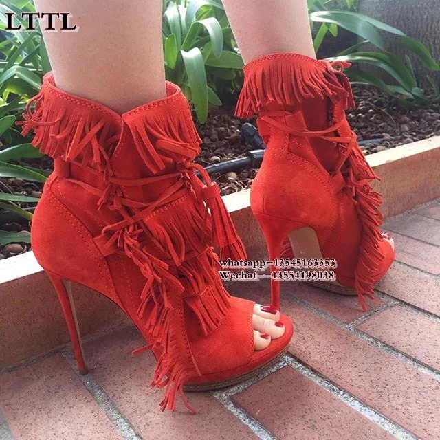 

2020 Newest Woman Autumn Tassel Short Boots Beige Black Blue Suede Fringed Lace-Up Ankle Boots Sexy Open Toe High Heel Boots