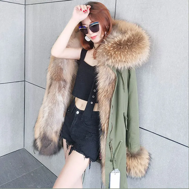 Womens Winter Jacket Women Coat Jackets Real Raccoon Fur Collar And Lining Parkas Vintage Warm Thick Army Green Black Long Parka | Женская