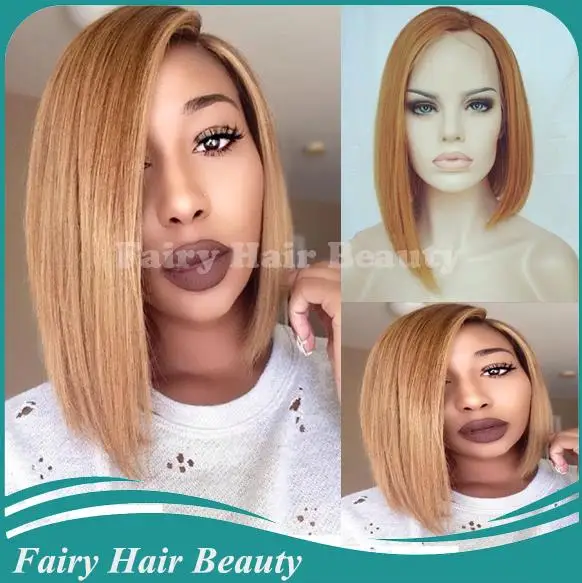 BOB Hair! Top Quality #27 layer straight virgin brazilian hair honey blonde short bob cut lace front wig |
