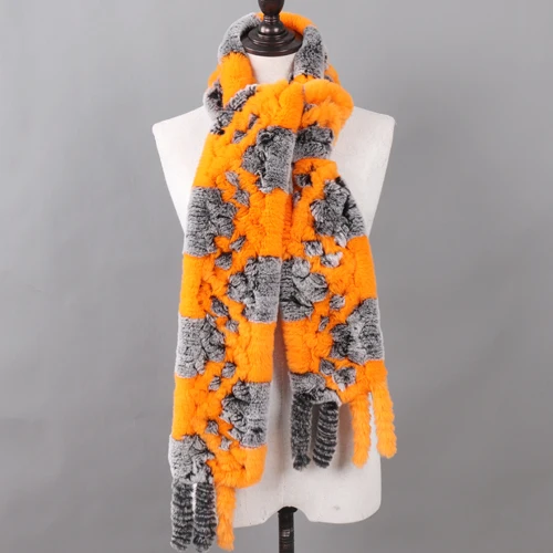 ORANGE AND GREY Женский Настоящий мех кролика, длинные шарфы, женские зимние теплые натуральный мех кролика Рекс, вязаные шарфы с кисточками, клетчатые шали из натурального меха - Цвет: ORANGE AND GREY