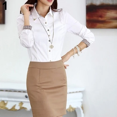 Women Office Career Formal Revit Studded Collar Button Up Blouse OL Shirt Top | Женская одежда