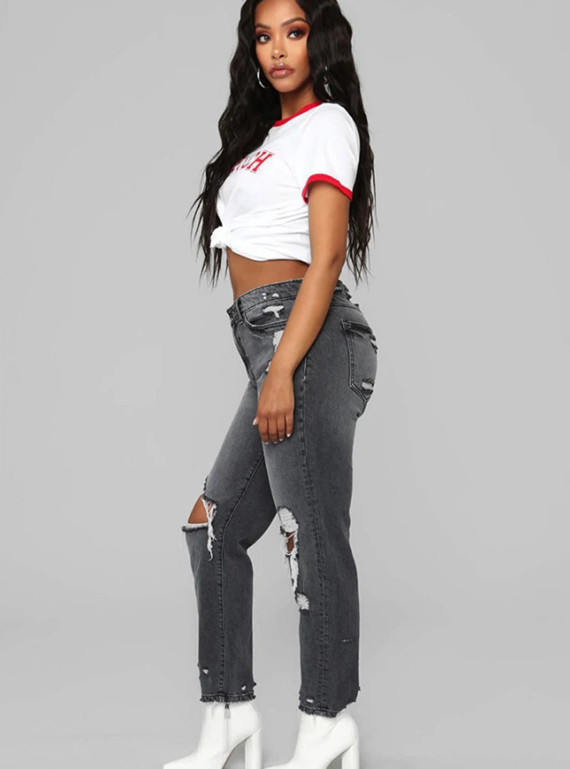 Рваные модные джинсы с большими дырками женские узкие карандаш высокой талией