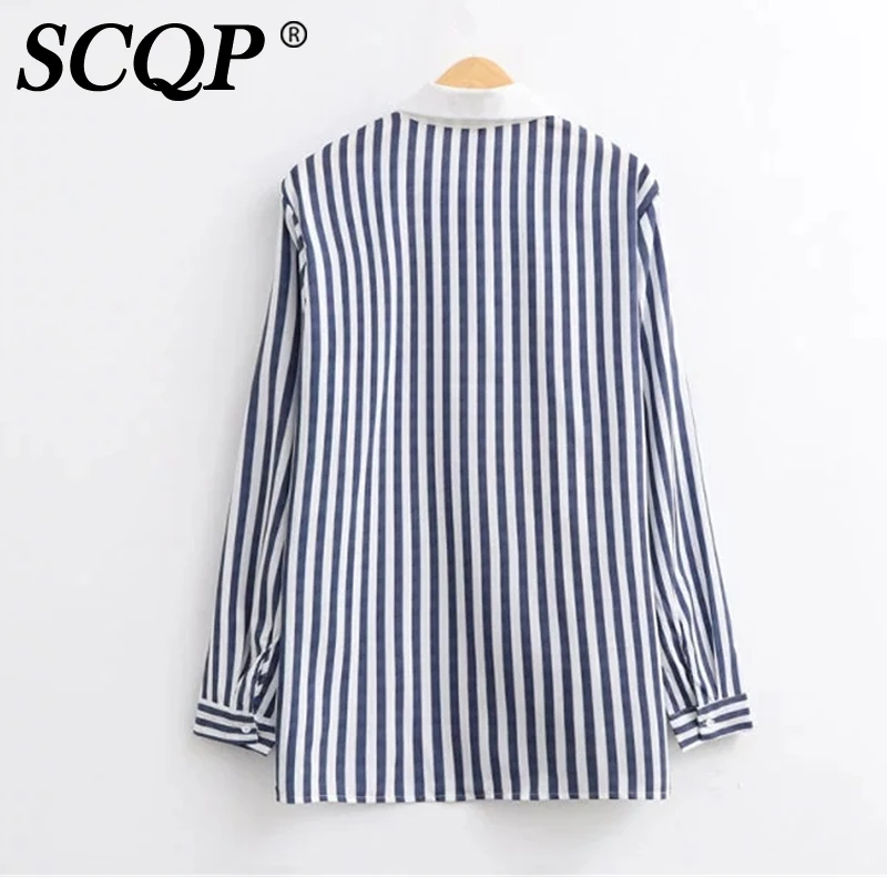 SCQP Карман Знак Вышивка Полосатые Женские Рубашки Студент Мода Женская Верхняя