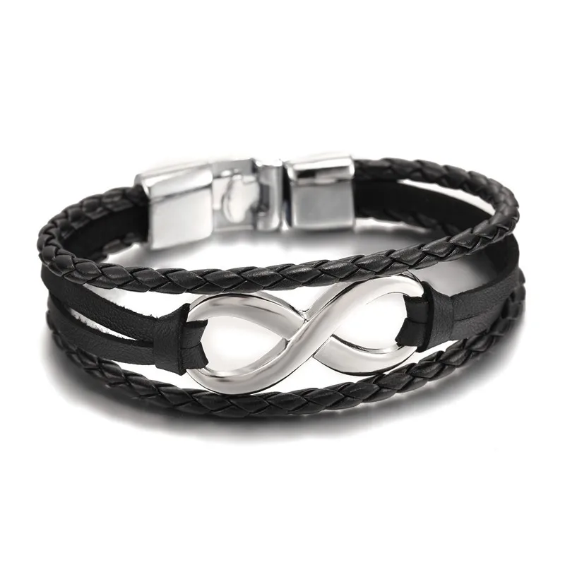 wholesale New Fashion Black plated Infinity Bracelet Genuine Leather Hand Chain Alloy Buckle friendship bracelet men | Украшения и