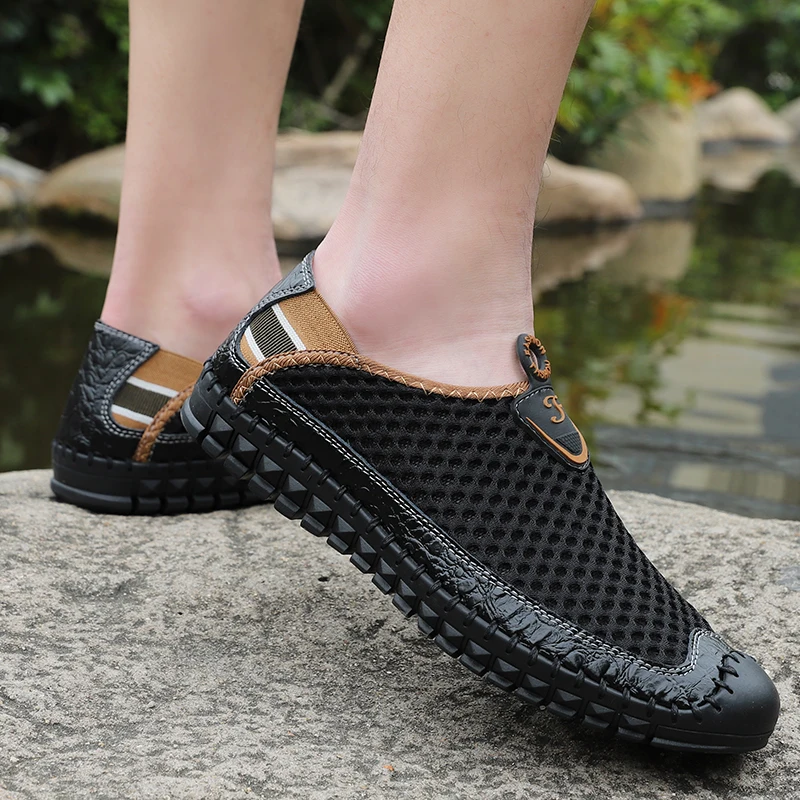Мужские летние сетчатые туфли на плоской подошве лоферы без застежки