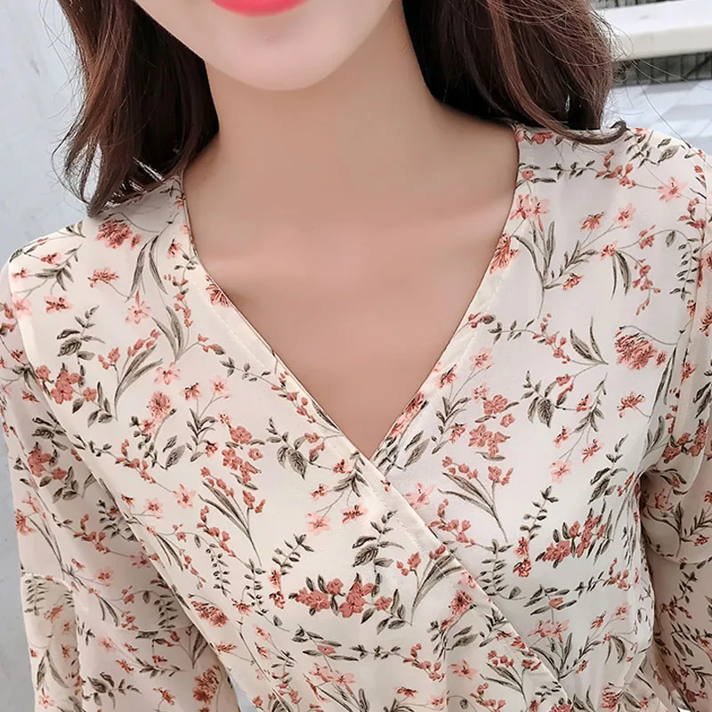 2019 New Vintage Sweet Loose Casual Medium-length Dress Summer Apricot Short Sleeve Print Bohemian Chiffon Women 4924 50 | Женская