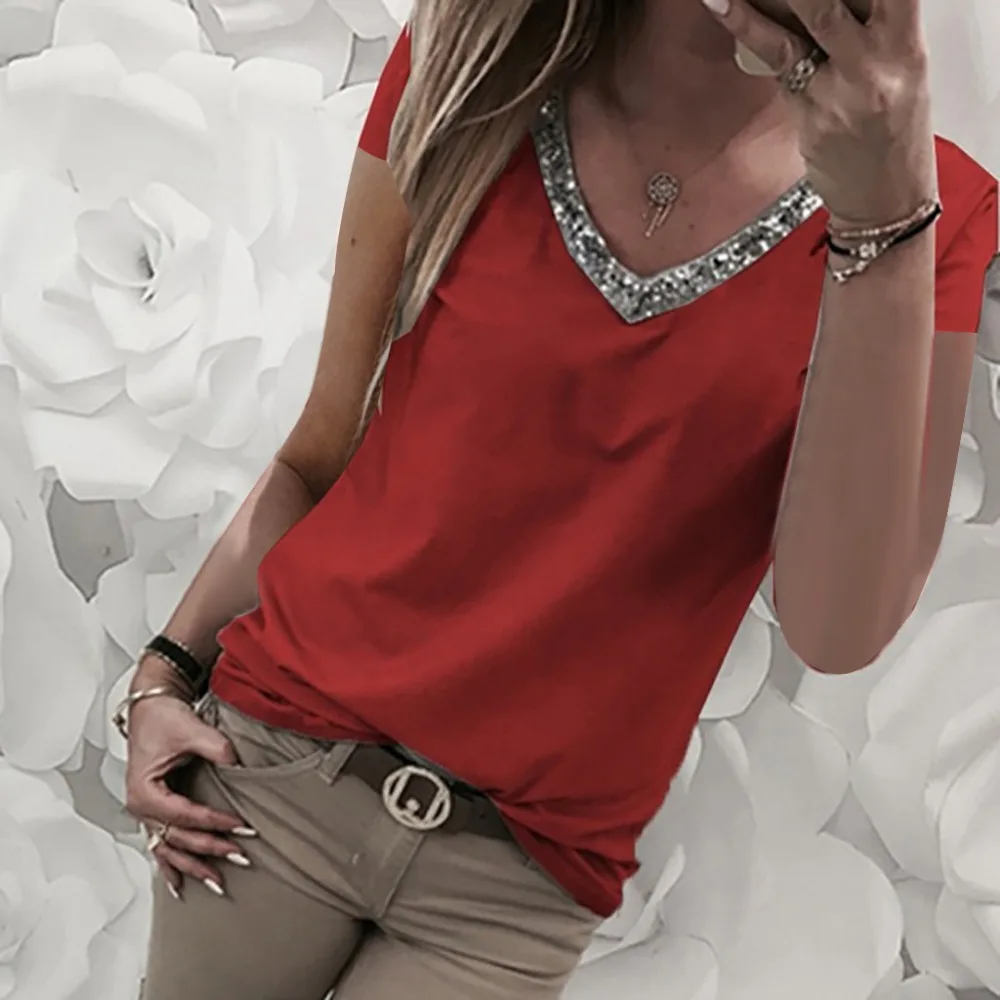 Women Fashion Casual t-shirt Summer Pure Splice V-collar Sequila Short-sleeved T-shirt Women's Push Size Loose Top Female tshirt | Женская