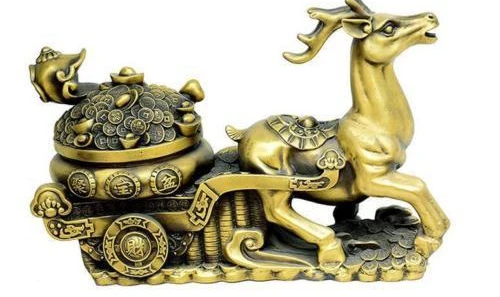 China FengShui Bronze Fu Deer Carry Treasure Bowl On Auspicious Flower Statue | Дом и сад