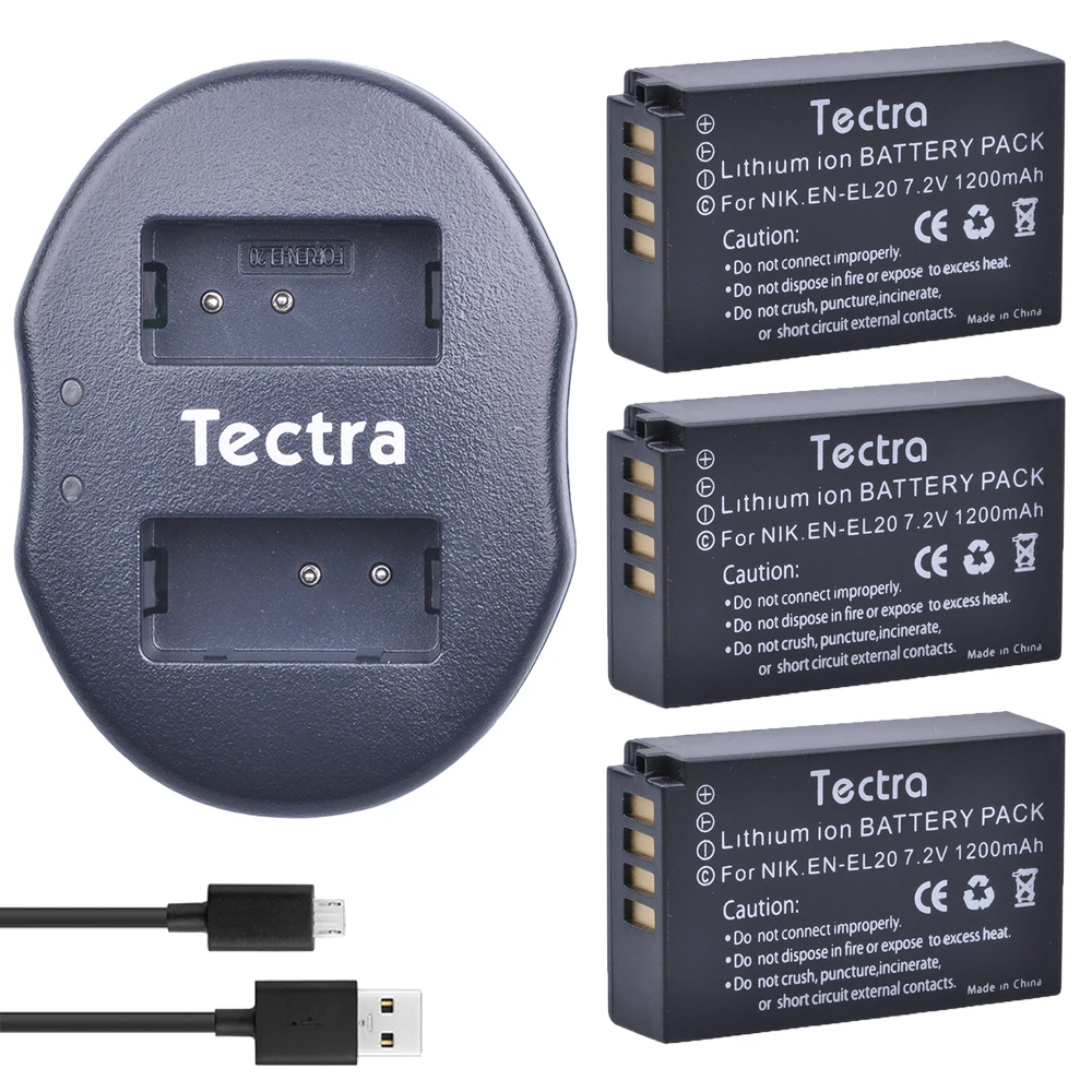 Tectra 3 шт. EN EL20 запасная литий ионная батарея + USB двойное зарядное устройство для