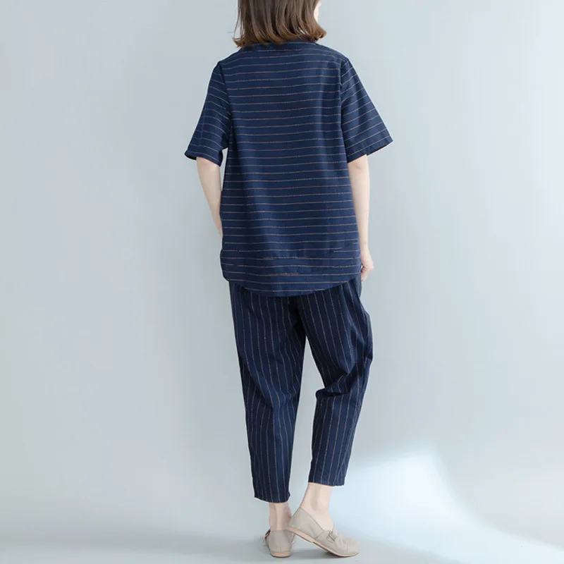 2018 Summer cotton-blend striped women's suits plus XL 2XL size cotton T-shirt and ankle-length pants summer set | Женская одежда