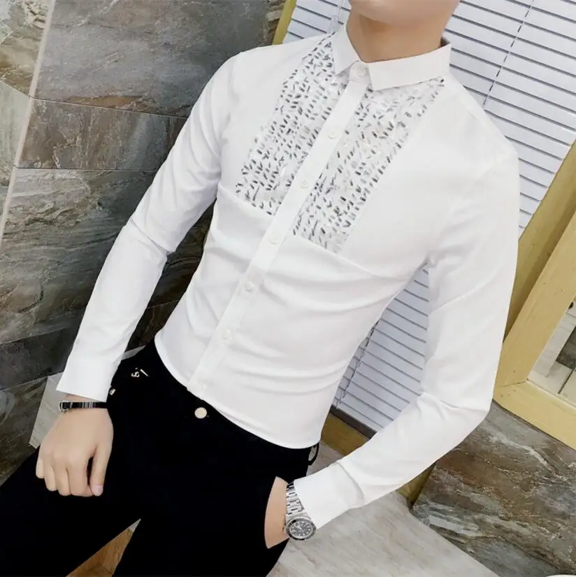 Новинка 2017 года корейский бренд моды блесток Slim Fit Для мужчин S Кружевная рубашка