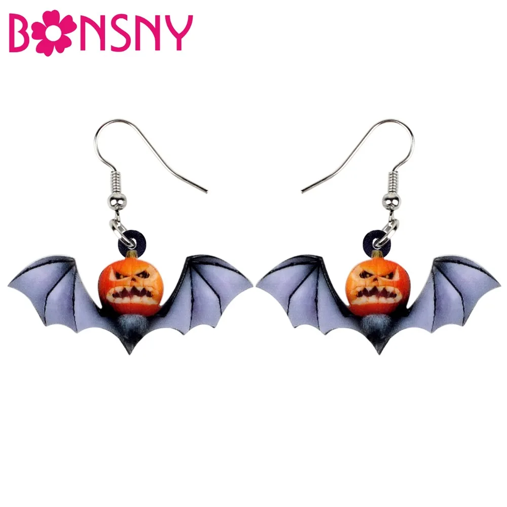 

Bonsny Acrylic Fashion Halloween Pumpkin Bat Earrings Drop Dangle Fashion Cartoon Jewelry For Women Girls Teens Festival Charms