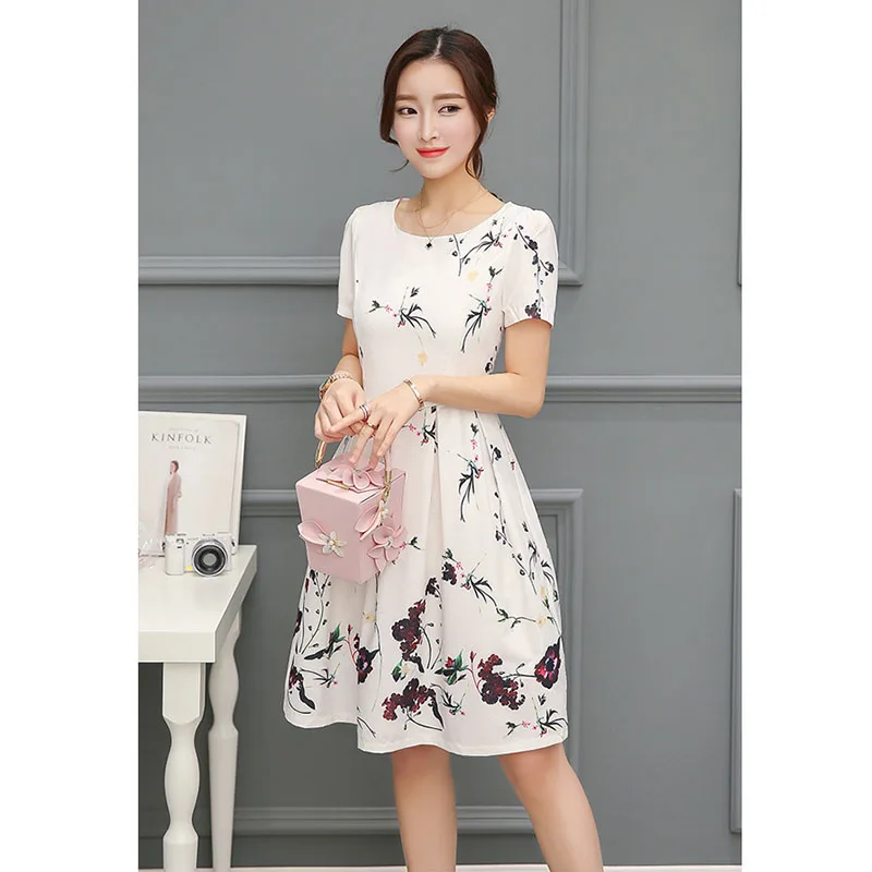 NQZ053 New Style Print Fresh Fashionable Loose Dress Sunmmer Women Sweet Girl O-Neck Comfortable Fashion Repair the body | Женская