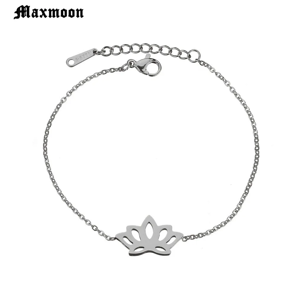 Женский браслет из нержавеющей стали Maxmoon изящный золотистый с цветком лотоса на
